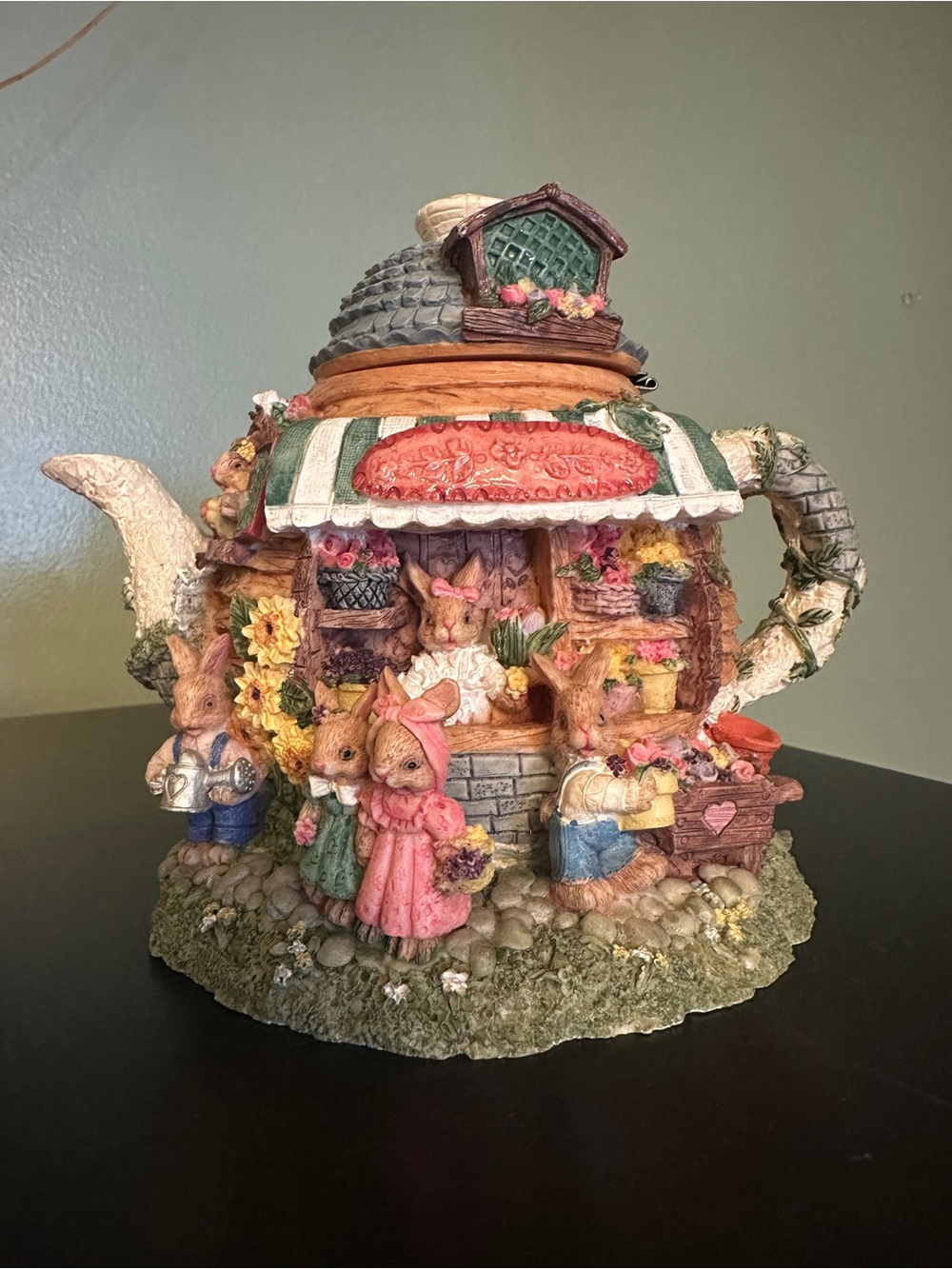 Whimsical Bunny Cottage Teapot Piggy Bank | Garden Collectible